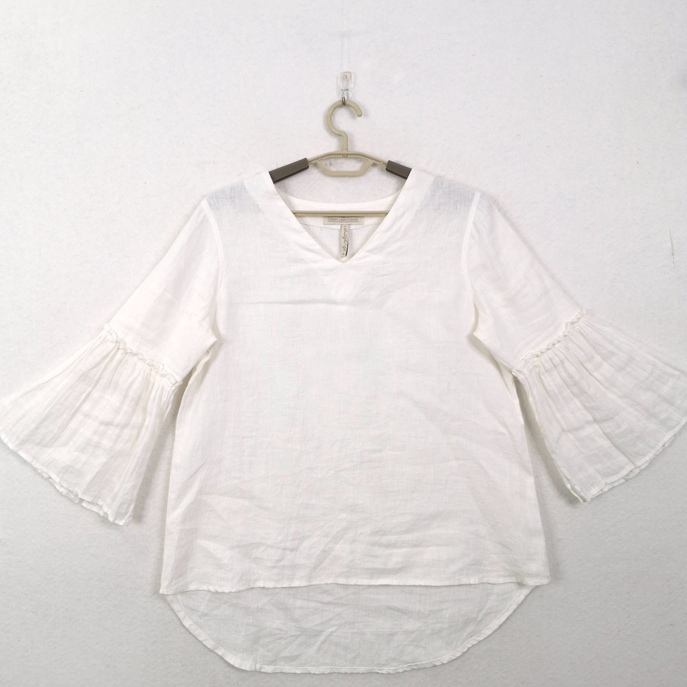 Crown Linen Designs Top Sz M White Minimalist lagenlook Boho Beach Bell Sleeve